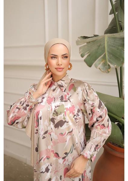 Gömlek Yaka Boy Düğmeli Saten Elbise NSR165001 fiyatları