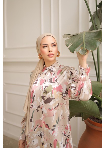 Gömlek Yaka Boy Düğmeli Saten Elbise NSR165001 modelleri