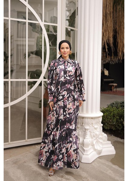 Gömlek Yaka Boy Düğmeli Saten Elbise NSR165001 modelleri