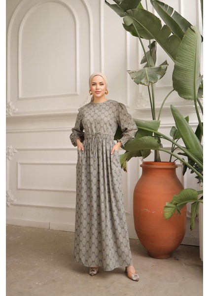 Bel Lastikli Etnik Desen Fişek Elbise NSR143401 fiyatları
