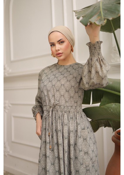 Bel Lastikli Etnik Desen Fişek Elbise NSR143401 modelleri