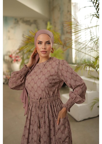 Bel Lastikli Etnik Desen Fişek Elbise NSR143401 modelleri