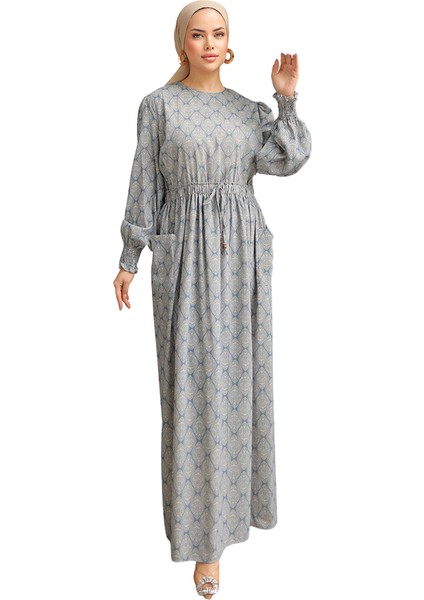 Bel Lastikli Etnik Desen Fişek Elbise NSR143401