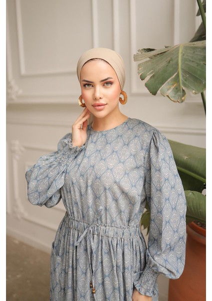 Bel Lastikli Etnik Desen Fişek Elbise NSR143401 modelleri