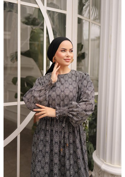 Bel Lastikli Etnik Desen Fişek Elbise NSR143401 modelleri