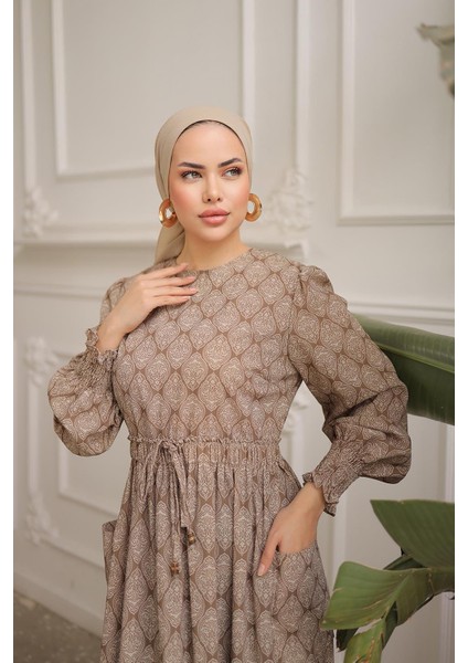 Bel Lastikli Etnik Desen Fişek Elbise NSR143401 modelleri