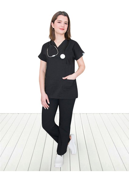 Siyah Unisex Model Cerrahi Lüks Üniforma Takım