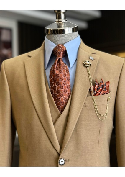 Klasik Kesim Regular Fit Ceket Yelek Pantalon Takım Elbise Camel T12609