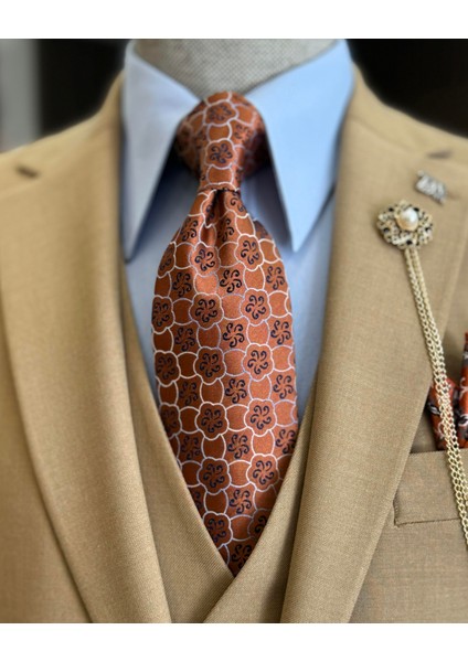 Klasik Kesim Regular Fit Ceket Yelek Pantalon Takım Elbise Camel T12609 modelleri