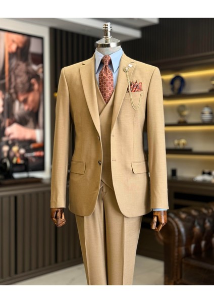 Klasik Kesim Regular Fit Ceket Yelek Pantalon Takım Elbise Camel T12609 fırsatları