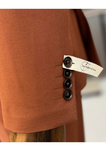 Klasik Kesim Regular Fit Ceket Yelek Pantalon Takım Elbise Kiremit T12608