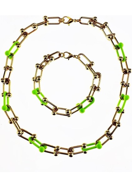Altın Kaplama Sarı & Yeşil Neon Kadın Ikili Kolye & Bileklik Set