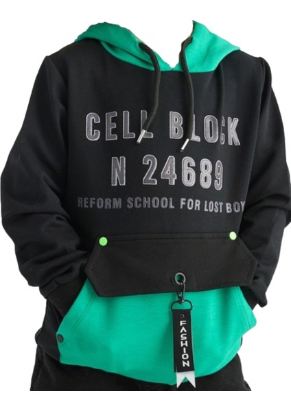 Erkek Çocuk Cell Block Yazı Desenli Kanguru Cepli Kapüşonlu Siyah Yeşil Renk Sweatshirt
