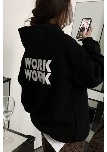 Work Work Arka Baskılı Kapüşonlu Siyah Sweatshirt modelleri