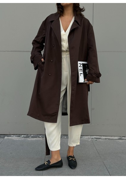 Kadın Kahve Astarı Çizgi Desenli Oversize Trençkot 28119 fiyatları