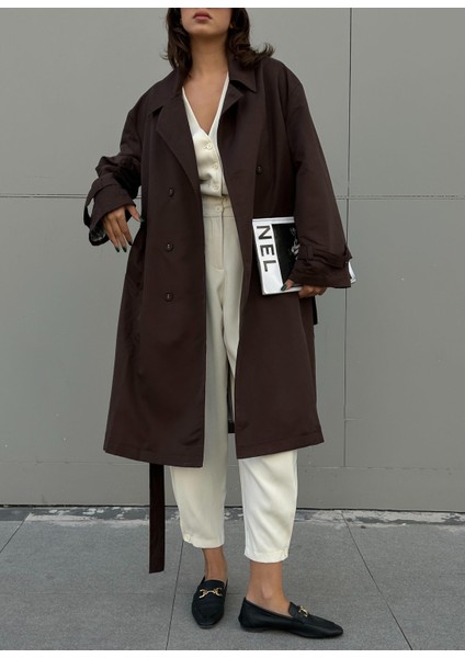 Kadın Kahve Astarı Çizgi Desenli Oversize Trençkot 28119 fırsatları