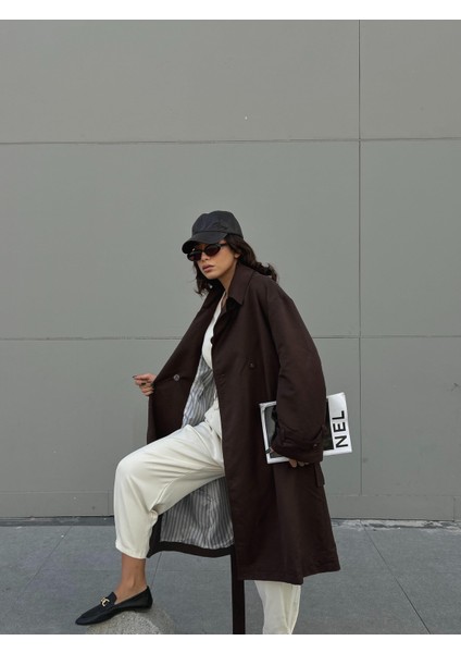 Kadın Kahve Astarı Çizgi Desenli Oversize Trençkot 28119 indirimleri