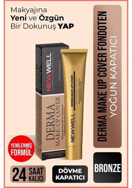 New Well Yoğun Kapatıcı Fondöten - Derma Make Up Cover 02 Bronz 30 ml  Transparan Pudra Sünger Set