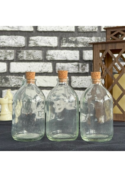 3\\\'lü 100 ml Şeffaf Cam Şişe Vazo Mantar Tıpalı