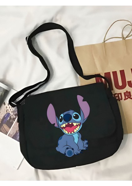 Stitch Tasarım Kalın Bez Tote Bag Siyah Kanvas Postacı Çantası Sokak Tarzı Kore Çanta