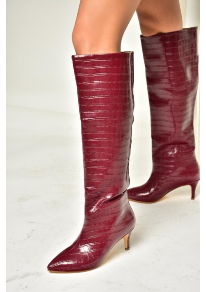 N749204011 Bordo Kroko Baskı Alçak Topuklu Kadın Çizme fiyatları