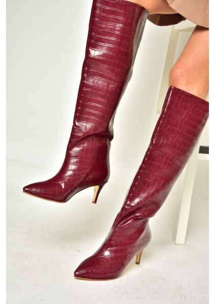 N749204011 Bordo Kroko Baskı Alçak Topuklu Kadın Çizme modelleri