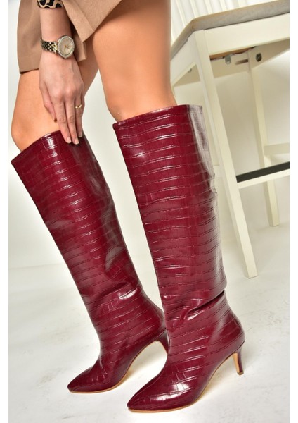 N749204011 Bordo Kroko Baskı Alçak Topuklu Kadın Çizme indirimleri