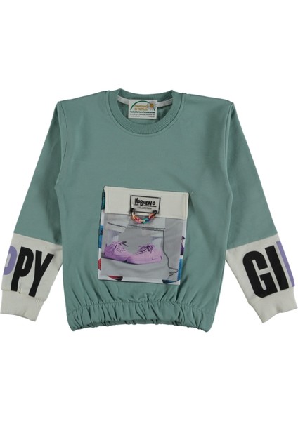 Kız Çocuk Zincir Detaylı Kolu Yazılı Torba Cepli Şardonlu Yeşil Renk Sweatshirt