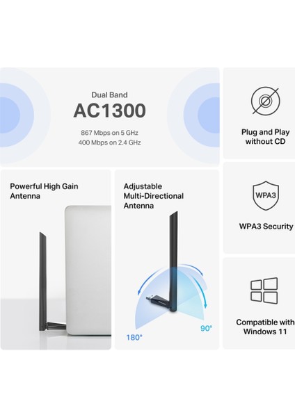 MA30H, AC1300 Mbps, Çift Bant, USB 3.0, Yüksek Çekim Güçlü Wi-Fi 5 USB Adaptör