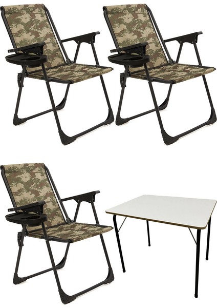 3 Adet Kamp Sandalyesi Katlanır Piknik Sandalye Oval Bardaklıklı Kamuflaj + MDF Masa