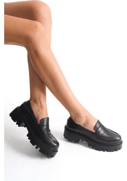 Kadın Kalın Taban Deri Loafer Siyah - MCGVND1013 - S