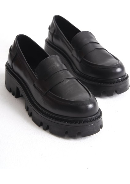 Kadın Kalın Taban Deri Loafer Siyah - MCGVND1013 - S