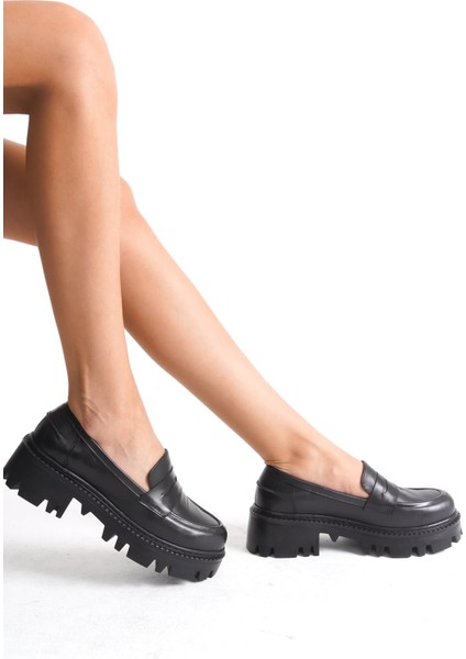 Kadın Kalın Taban Deri Loafer Siyah - MCGVND1013 - S