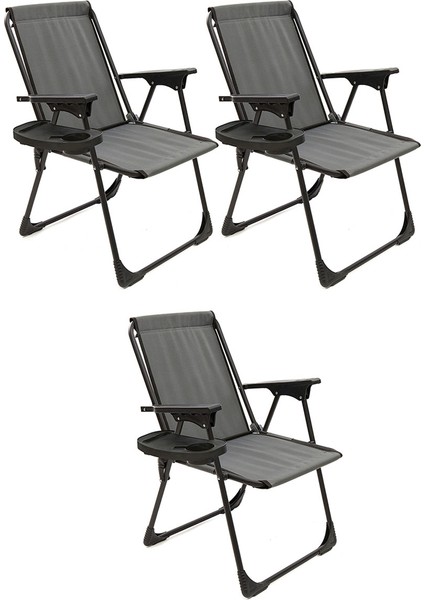 3 Adet Kamp Sandalyesi Katlanır Piknik Sandalye Oval Bardaklıklı Gri