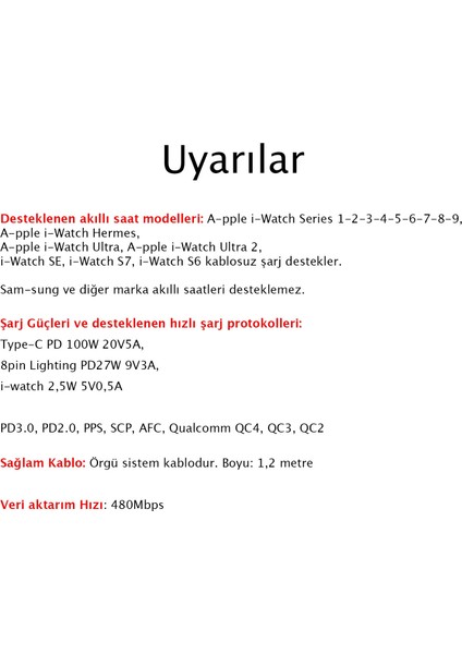 Apple Watch ile Uyumlu Kablosuz Şarj Aleti Örgü Kablo 5in1 Tüm iPhone ile Uyumlu USB Pd Type C 100W Şarj