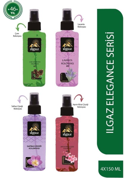 Dörtlü Set Elegance Series - Çam + Lavanta + Safran + Japon Kirazı Sprey Kolonya 150 ml x 4 adet
