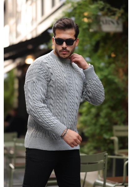 Comfort Fit Saç Örgü Bisiklet Yaka Triko Kazak - Füme