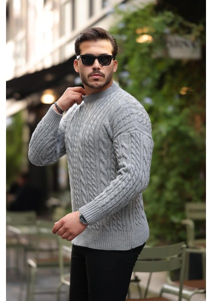 Comfort Fit Saç Örgü Bisiklet Yaka Triko Kazak - Füme