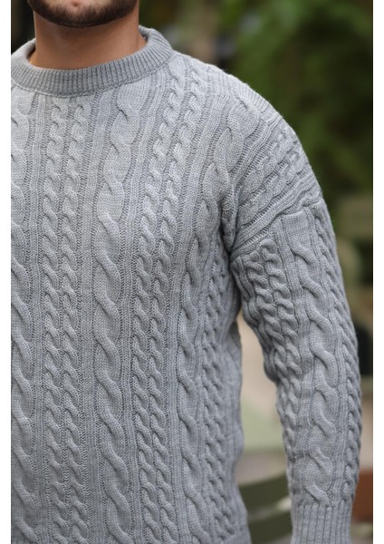 Comfort Fit Saç Örgü Bisiklet Yaka Triko Kazak - Füme