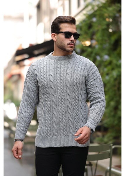 Comfort Fit Saç Örgü Bisiklet Yaka Triko Kazak - Füme