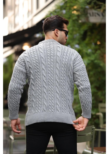 Comfort Fit Saç Örgü Bisiklet Yaka Triko Kazak - Füme
