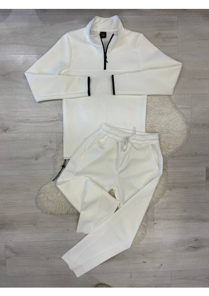 Erkek Siyah Dikey Yaka Pamuklu Comfort Fit Dik Yaka Sweatshirt Jogger Eşofman Takımı
