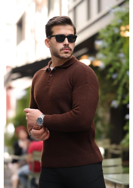 Modern Fit Polo Yaka Çizgili Triko Kazak - Kahve modelleri