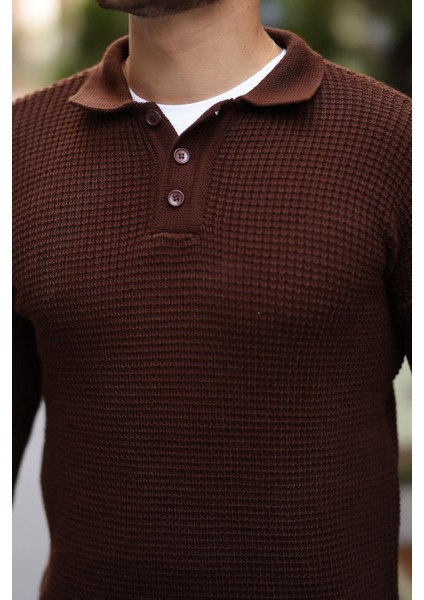 Modern Fit Polo Yaka Çizgili Triko Kazak - Kahve indirimleri