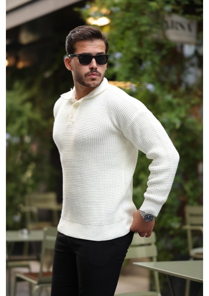 Modern Fit Polo Yaka Çizgili Triko Kazak - Ekru