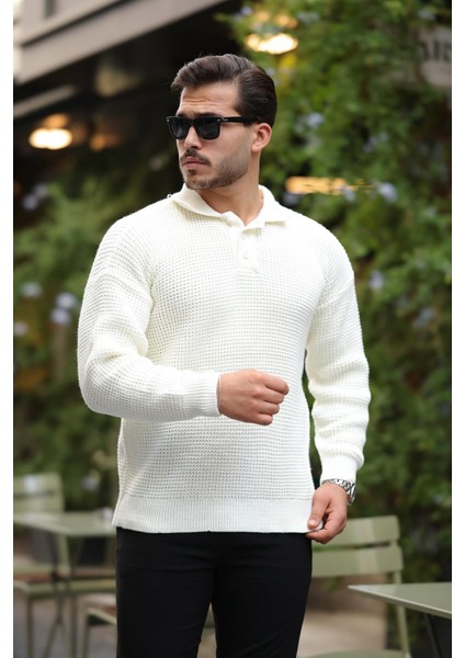 Modern Fit Polo Yaka Çizgili Triko Kazak - Ekru