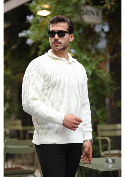 Modern Fit Polo Yaka Çizgili Triko Kazak - Ekru