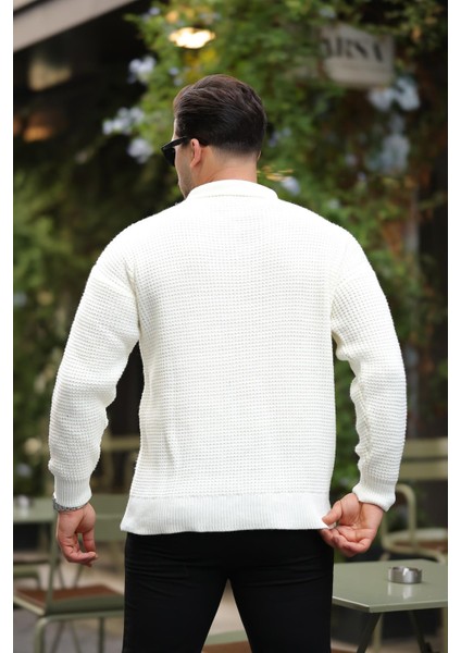 Modern Fit Polo Yaka Çizgili Triko Kazak - Ekru