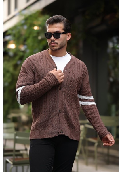 Saç Örgü Kolları Şerit Detaylı Triko Hırka - Kahve fiyatları