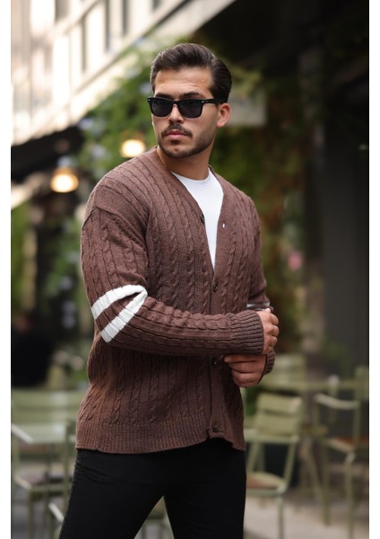 Saç Örgü Kolları Şerit Detaylı Triko Hırka - Kahve modelleri